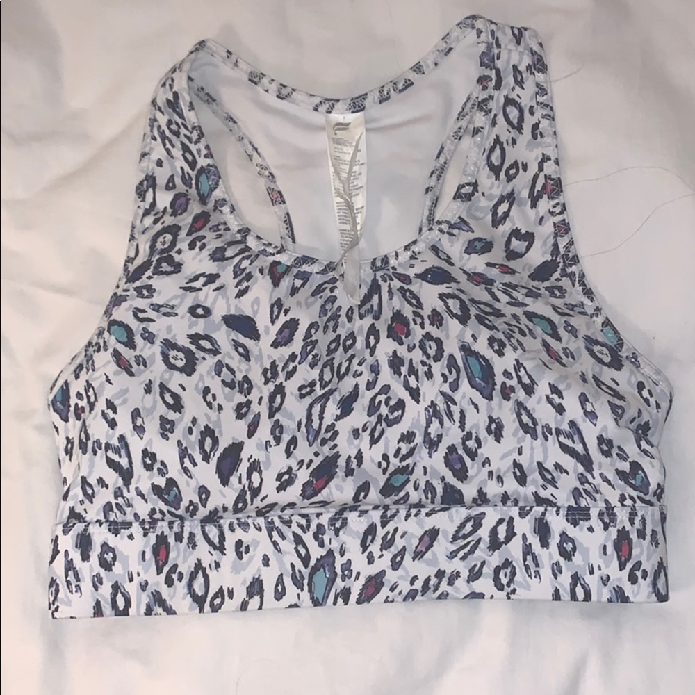 Fabletics white leopard medium impact sports bra